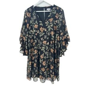 Calvin Klein Women's Black Floral Fit & Flare Dress Sleeves‎ Boho Sz 8 Closet